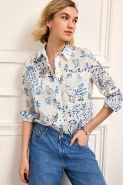 Next White/Blue Printed 100% Cotton Long Sleeve Shirt