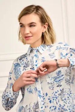 Next White/Blue Printed 100% Cotton Long Sleeve Shirt -Women's Shirts & Blouses Sales D43159s4