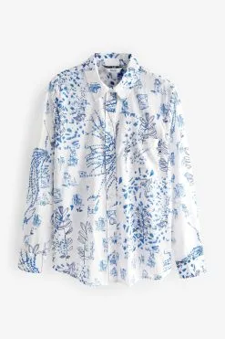 Next White/Blue Printed 100% Cotton Long Sleeve Shirt -Women's Shirts & Blouses Sales D43159s5
