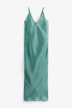 Next Teal Blue Sheer Midi Metallic Slip Dress -Women's Shirts & Blouses Sales D49 820s5