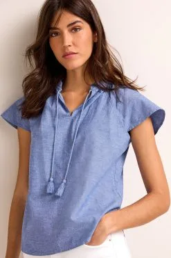 Next Capped Sleeve V-Neck Top With Linen