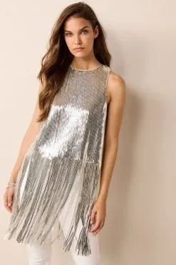Next Silver Sparkle Sequin Fringed Sleeveless Top