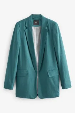 Next Teal Blue Linen Single Breasted Blazer -Women's Shirts & Blouses Sales U35 309s5
