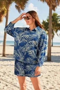 Next Blue Palm Print Co-ord Cotton Shirt