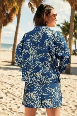 Next Blue Palm Print Co-ord Cotton Shirt -Women's Shirts & Blouses Sales U42 855s3