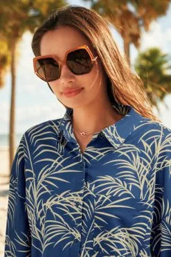 Next Blue Palm Print Co-ord Cotton Shirt -Women's Shirts & Blouses Sales U42 855s4
