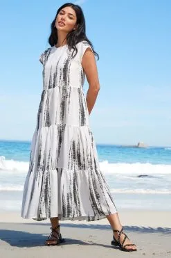 Next White Tie Dye White Tie Dye Oversized Tiered Kaftan Summer Dress