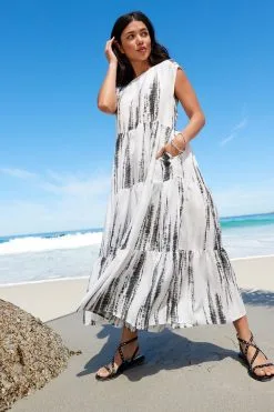 Next White Tie Dye White Tie Dye Oversized Tiered Kaftan Summer Dress -Women's Shirts & Blouses Sales U80 240s3