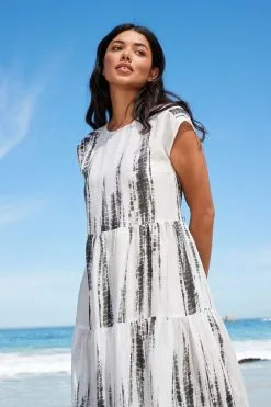 Next White Tie Dye White Tie Dye Oversized Tiered Kaftan Summer Dress -Women's Shirts & Blouses Sales U80 240s5
