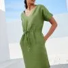 Next Khaki Green Short 100% Linen Tie Dress -Women's Shirts & Blouses Sales U80 244s
