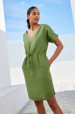 Next Khaki Green Short 100% Linen Tie Dress