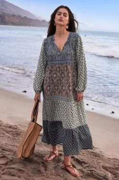 Next White & Blue Woodblock Long Sleeve Midi Summer Dress
