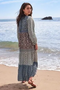 Next White & Blue Woodblock Long Sleeve Midi Summer Dress -Women's Shirts & Blouses Sales U80 254s3