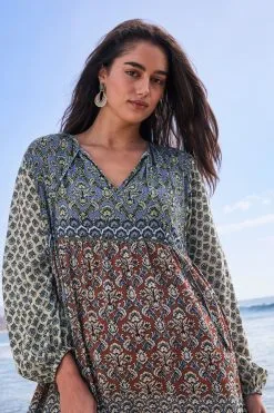 Next White & Blue Woodblock Long Sleeve Midi Summer Dress -Women's Shirts & Blouses Sales U80 254s4