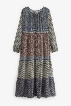 Next White & Blue Woodblock Long Sleeve Midi Summer Dress -Women's Shirts & Blouses Sales U80 254s5