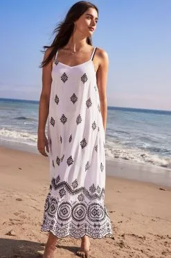 Next White White Contrast Embroidered Maxi Slip Summer Dress
