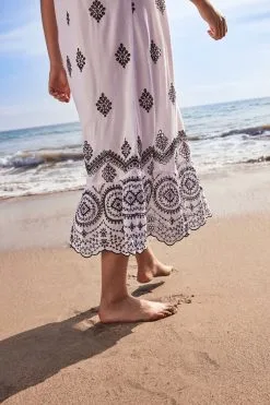 Next White White Contrast Embroidered Maxi Slip Summer Dress -Women's Shirts & Blouses Sales U80267s3