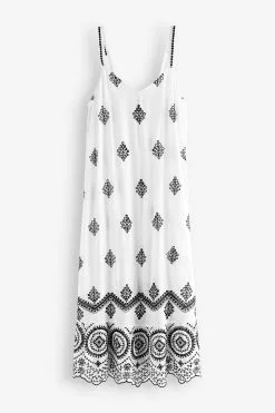 Next White White Contrast Embroidered Maxi Slip Summer Dress -Women's Shirts & Blouses Sales U80267s5