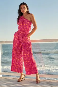 Next Pink/Orange One Shoulder Plisse Jumpsuit