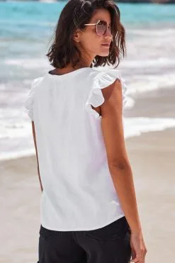 Next Linen Blend Ruffle Sleeve Top -Women's Shirts & Blouses Sales U96 325s3